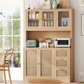 Irontar Rattan 70.9'' Kitchen Pantry, Kitchen Hutch with Microwave Stand & Charging Station, Boho Tall Storage Cabinet with Countertop, Bar Cabinet with Drawer, Glass Doors, Natural
