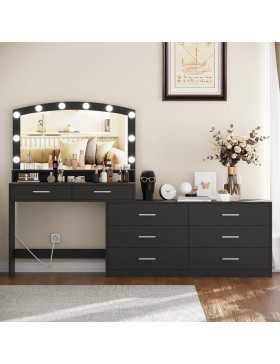 Irontar Vanity Desk with Large Mirror and 3-Color Lights, Makeup Vanity with 8 Drawers & Open Shelf, Side Cabinet with Width Adjustable, Makeup Table for Women, Black WDT007B